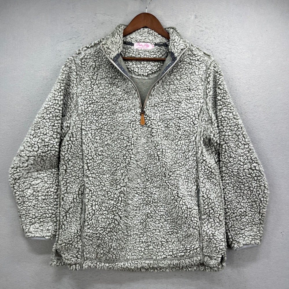 Pink Lily Pullover Womens Medium Gray Sherpa Quarter Zip Faux Fur Soft High Pile
